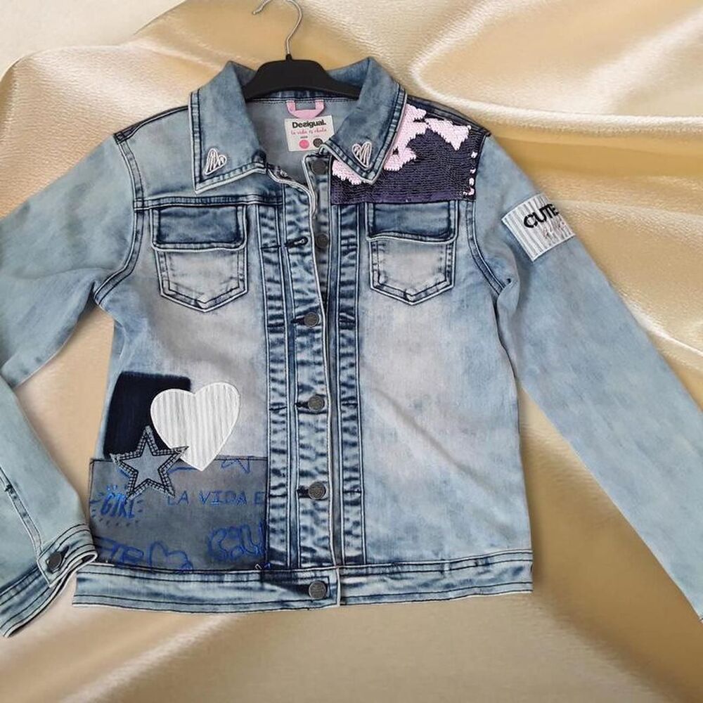 Desigual Kids Denim Jacket Sequin Embroidery Patches Star Heart Girls 11/12 Blue